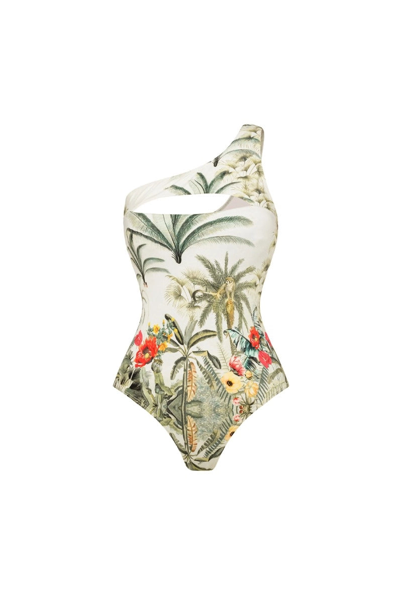 One-Shoulder Cutout Tropical Print Swimsuit