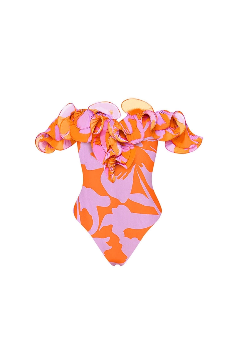 Strapless Ruffle Floral Print One Piece Swimsuit