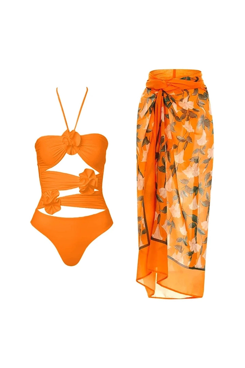 Halter 3D Floral Backless One Piece Swimsuit