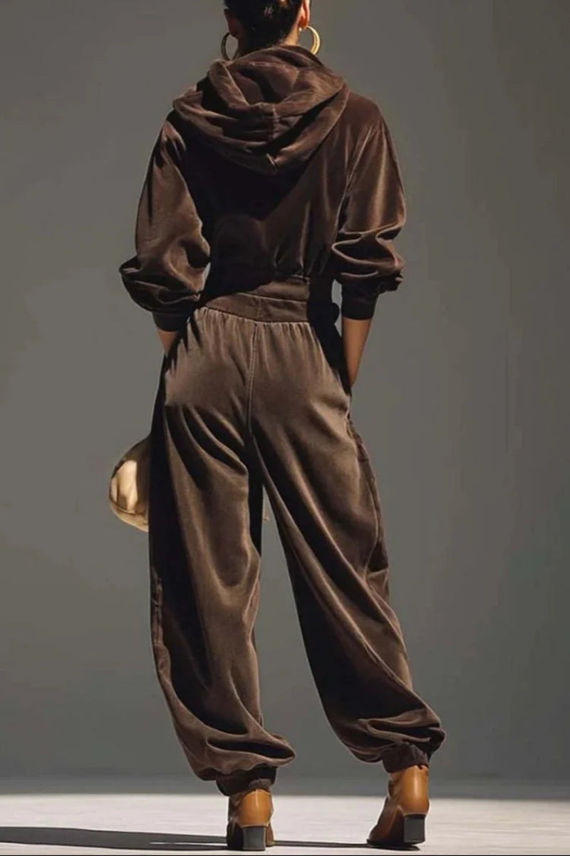 Vintage Brown Velvet Hoodie And Loose-Fitting Trousers Set（Includes Belt）