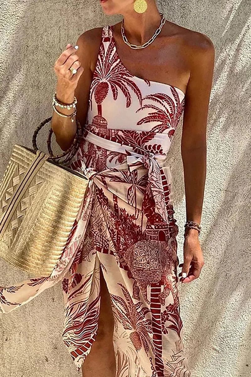 One-Shoulder Palm Print Swimsuit Set