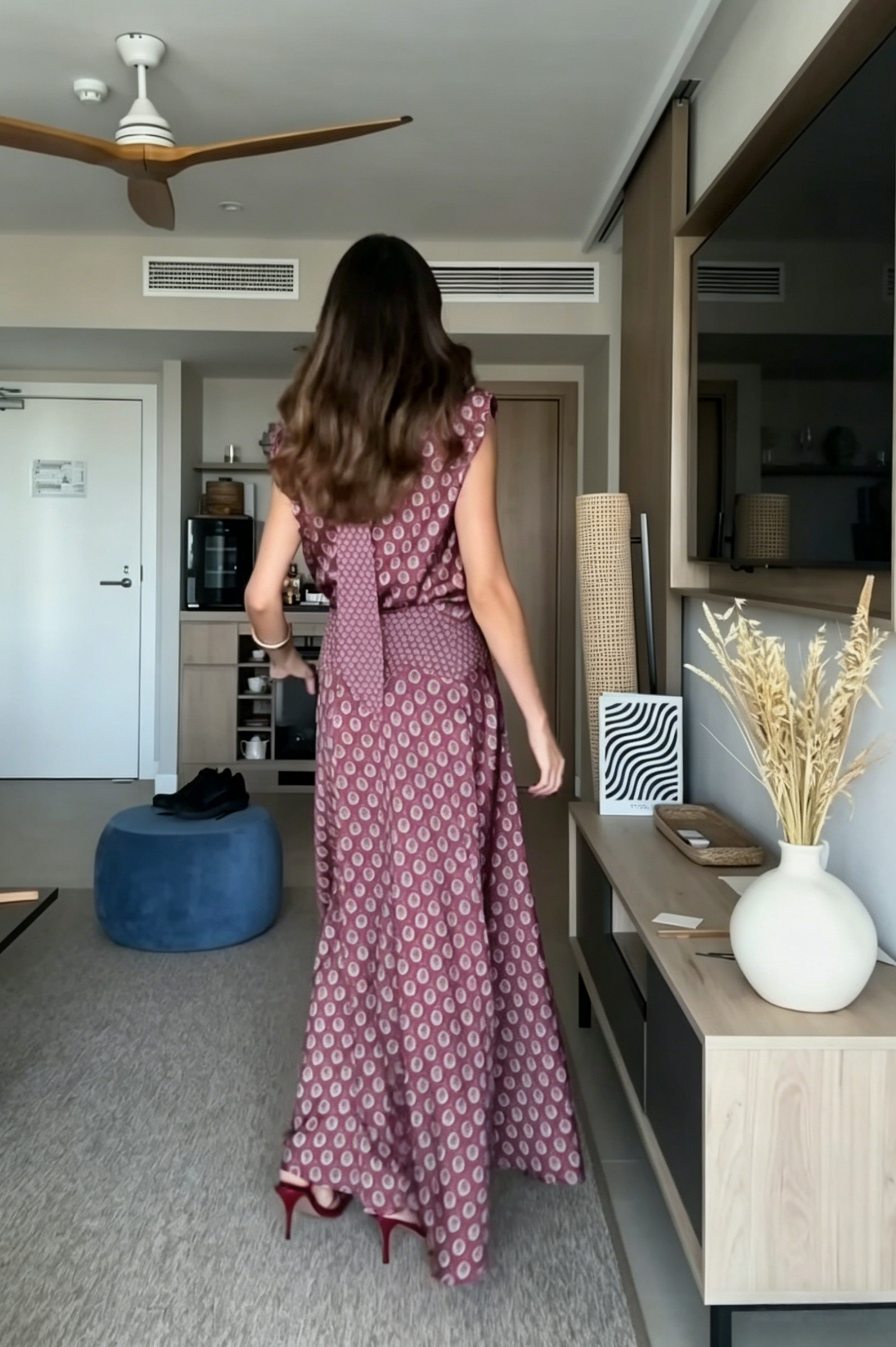 Retro Print Scarf Neck Top & Flowing Maxi Skirt Two-Piece Set