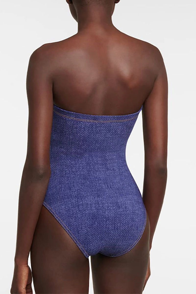 Denim Bandeau One Piece Swimsuit Set