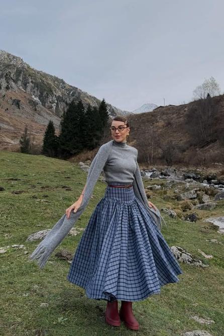 Navy Plaid High-Waist A-Line Skirt