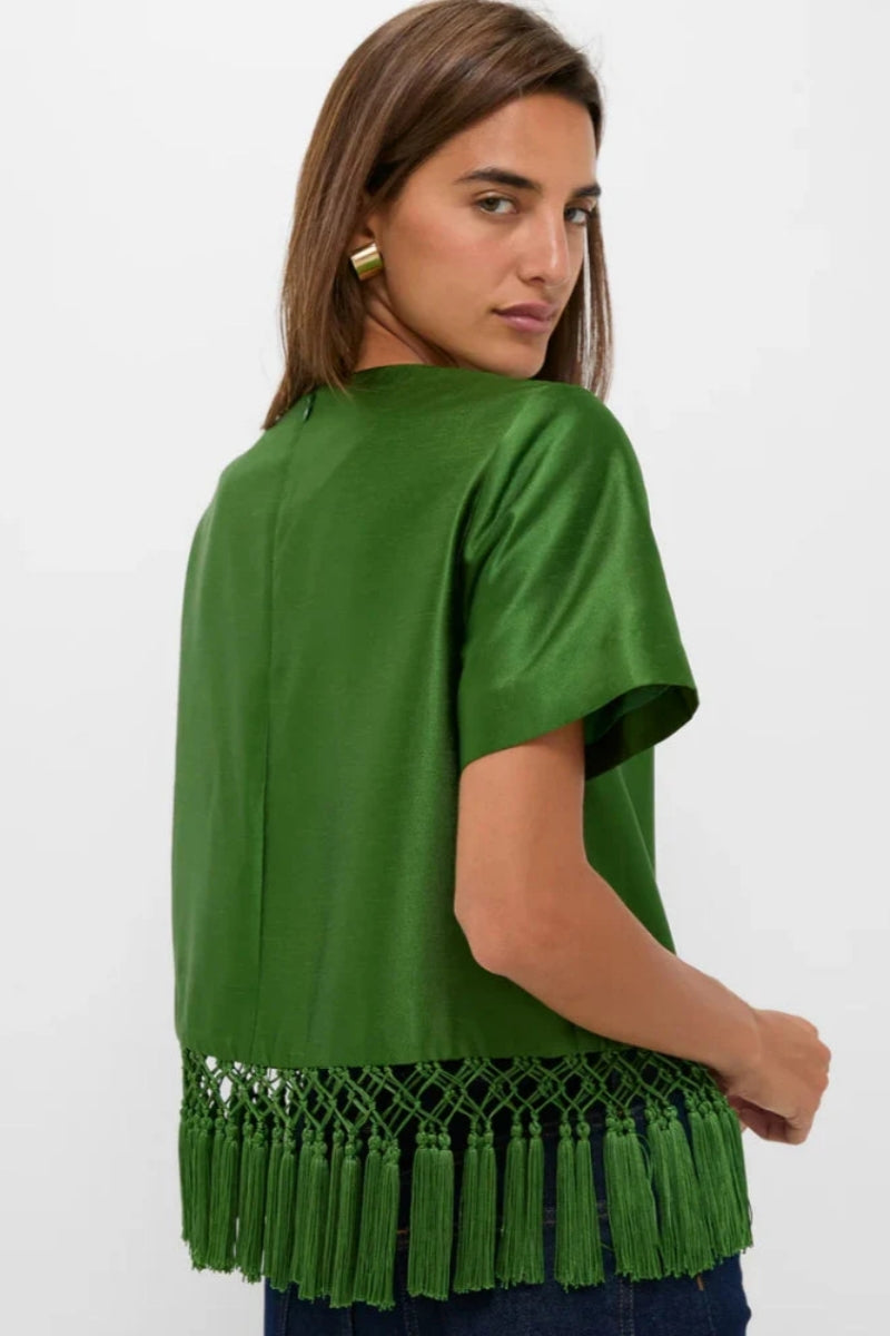 Green Satin Fringe Top