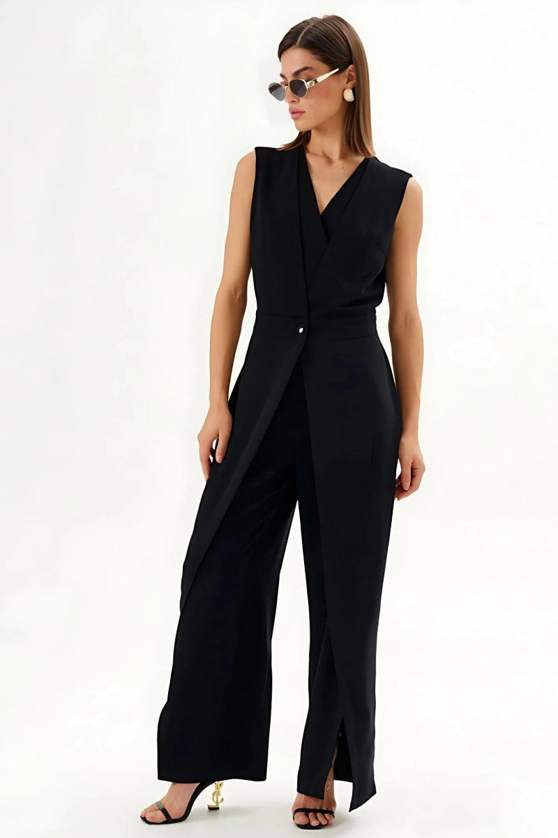 Black Sleeveless Wrap-Effect Wide-Leg Jumpsuit
