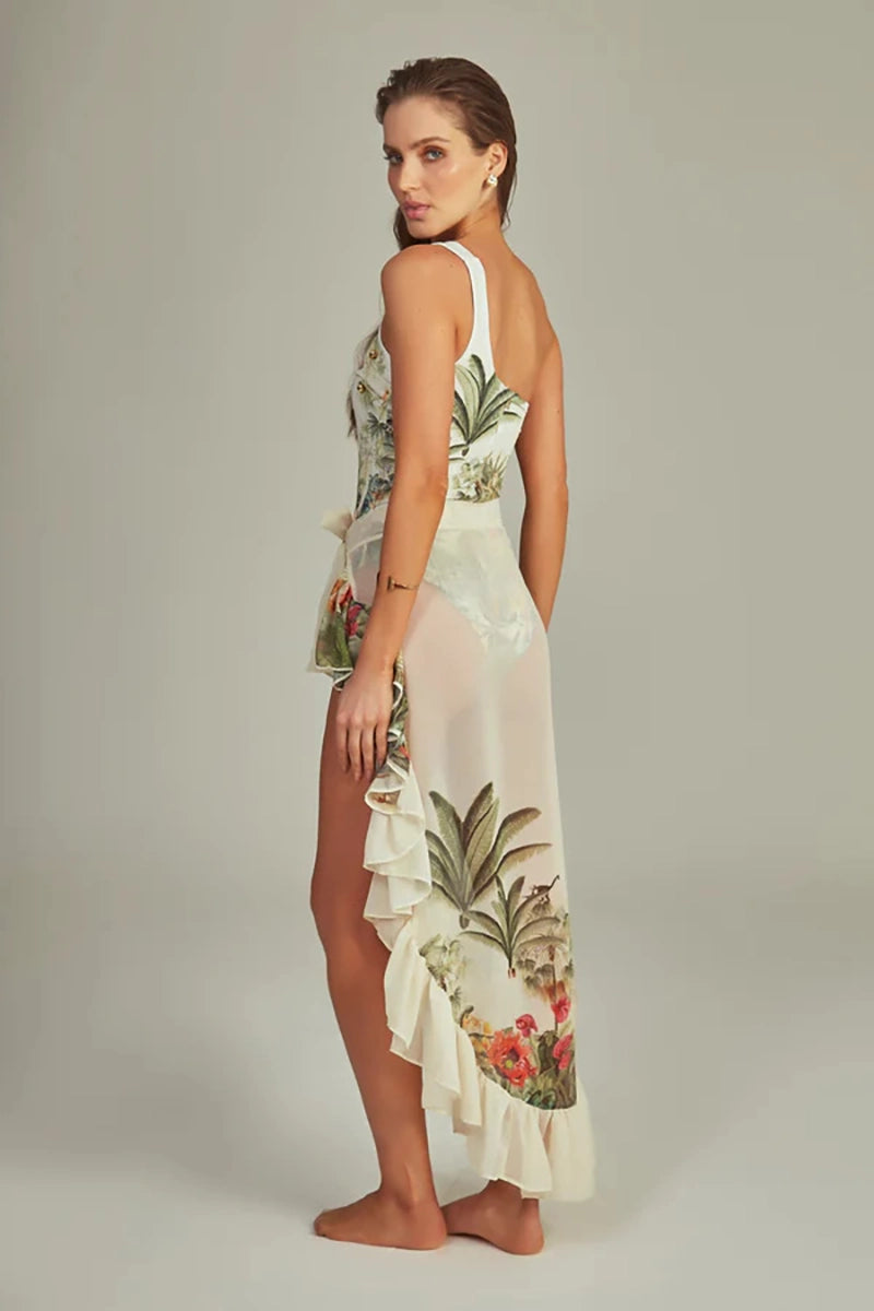 One-Shoulder Cutout Tropical Print Swimsuit