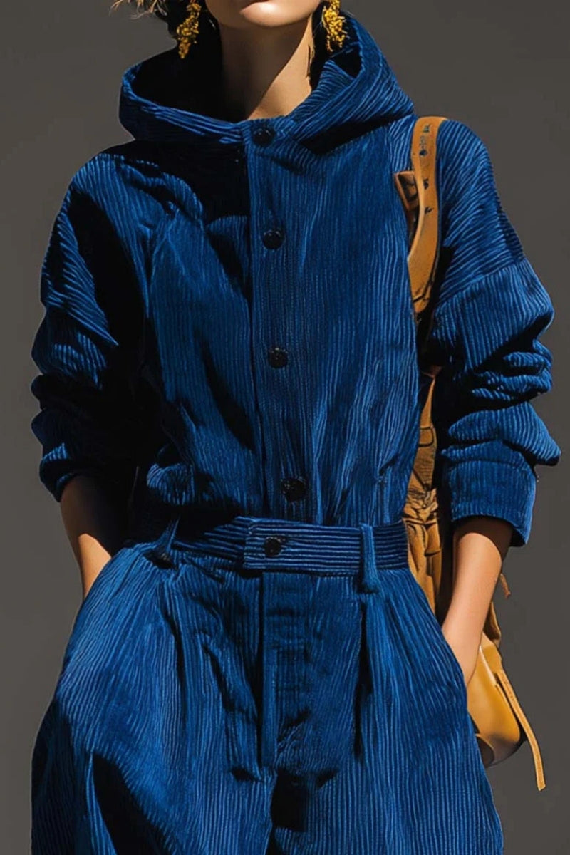 Blue Corduroy Hooded Top And Wide-leg Pants Set