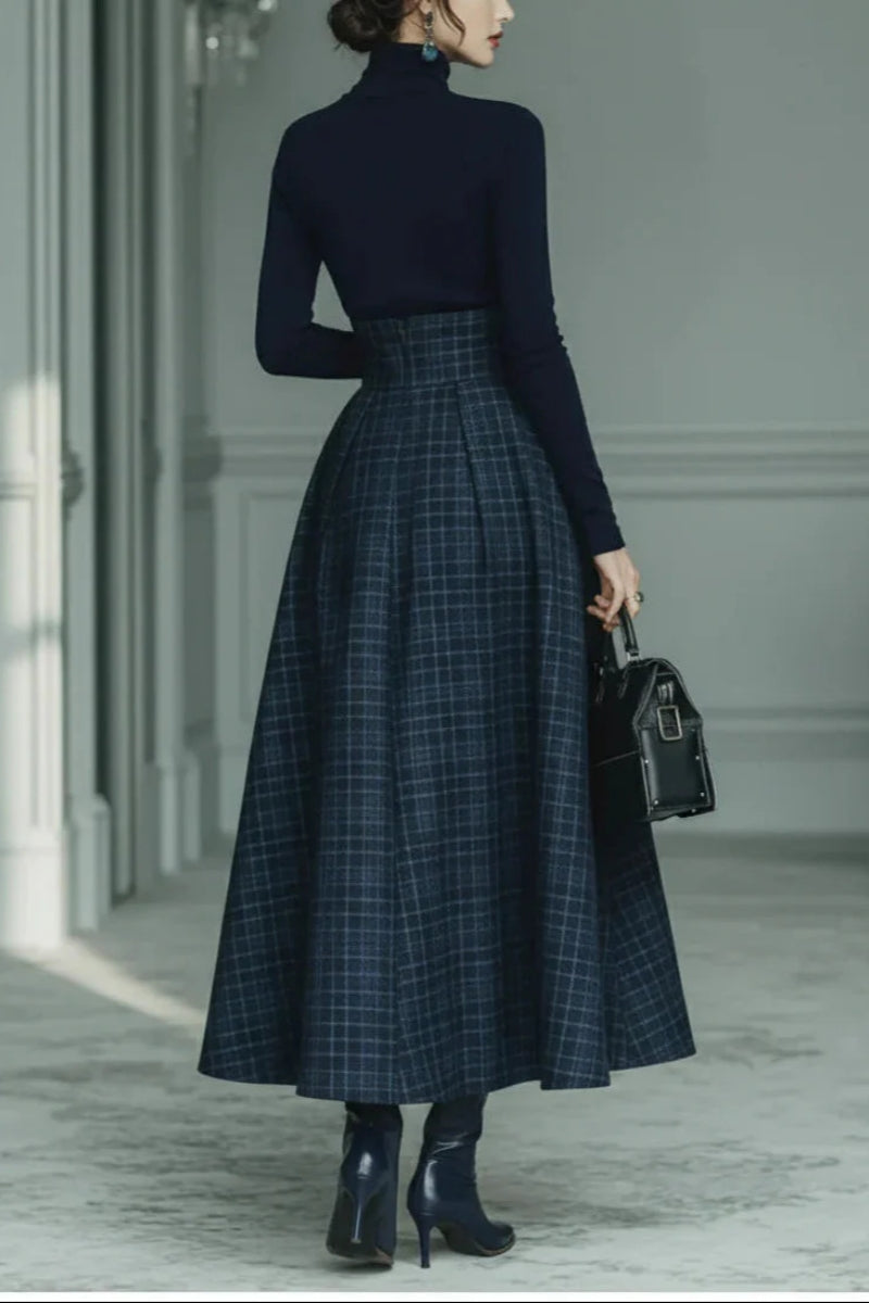 Dark blue turtleneck stretch top and plaid skirt set