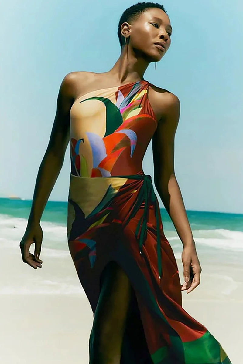 One Shoulder Holiday Floral Swimsuit Set