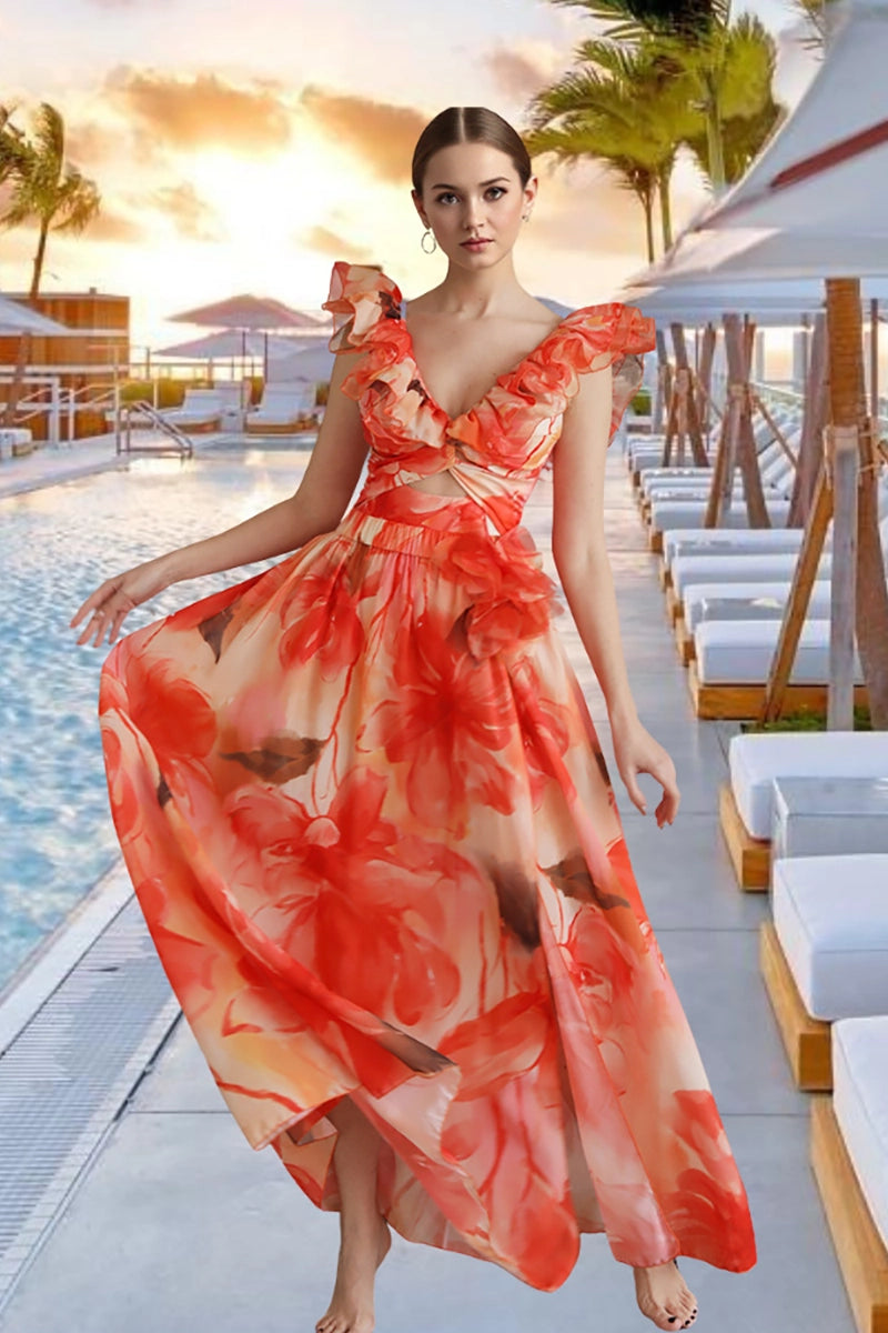 Ruffle Trim Vacation Print Swimsuit Set