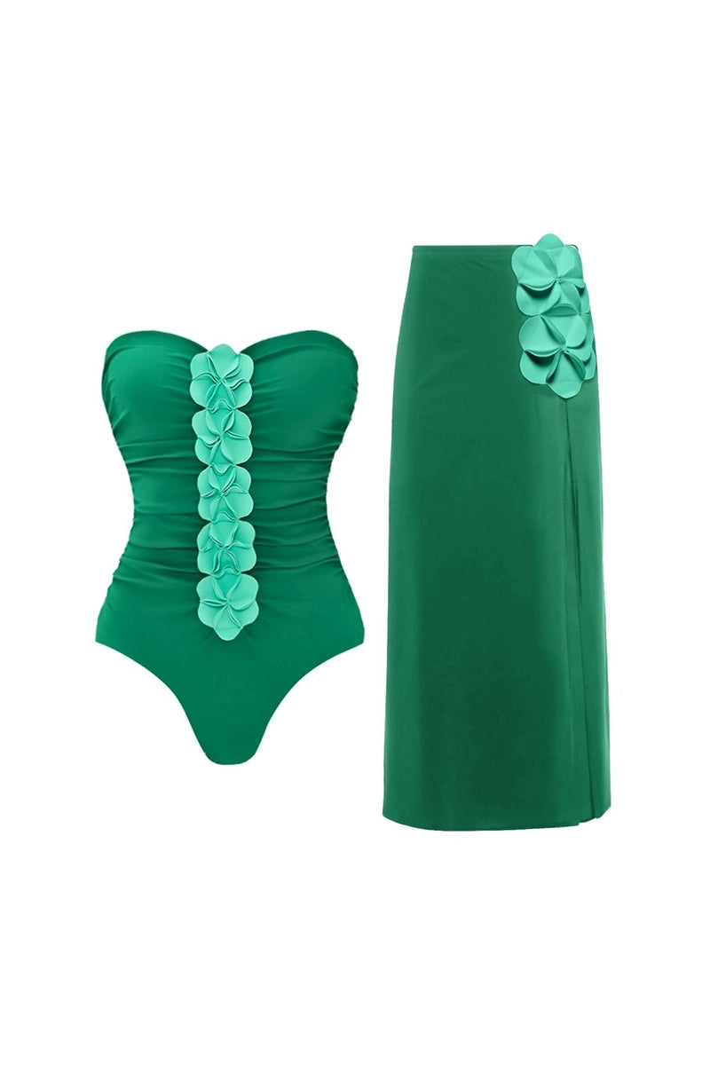 Green 3D Floral Strapless Swimsuit