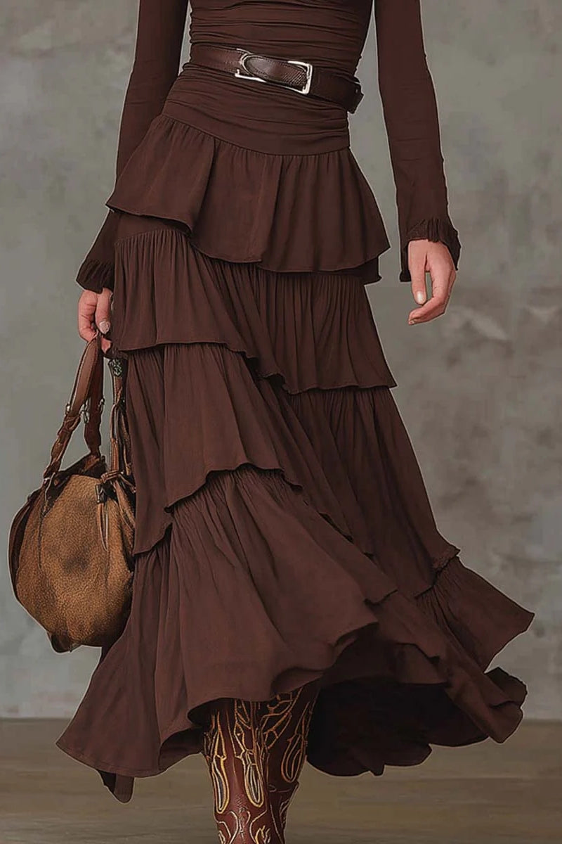 Brown Retro V-neck Multi-layered Ruffled Maxi Dress