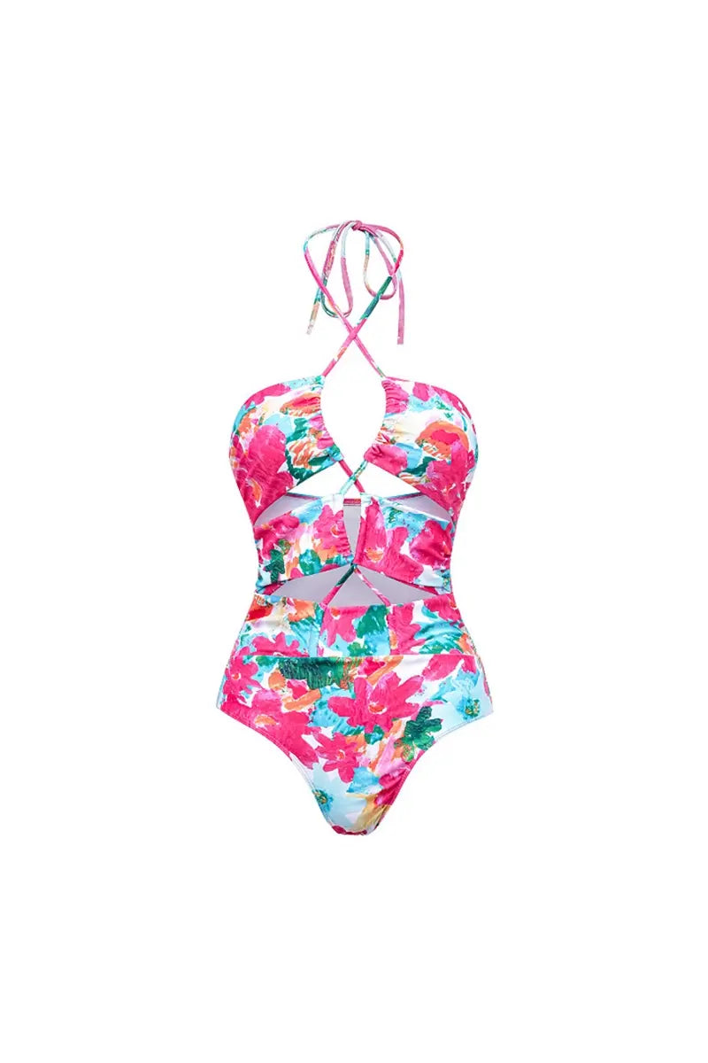 Print Cutout One Piece Swimsuit Set