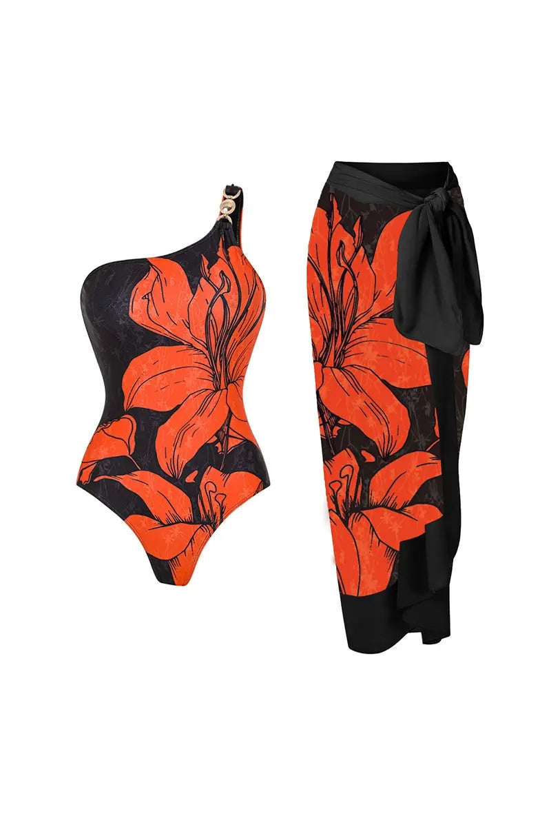 One Shoulder Printed One Piece Swimsuit Set