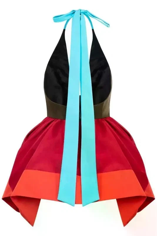 Colorblock Halter Pleated Top
