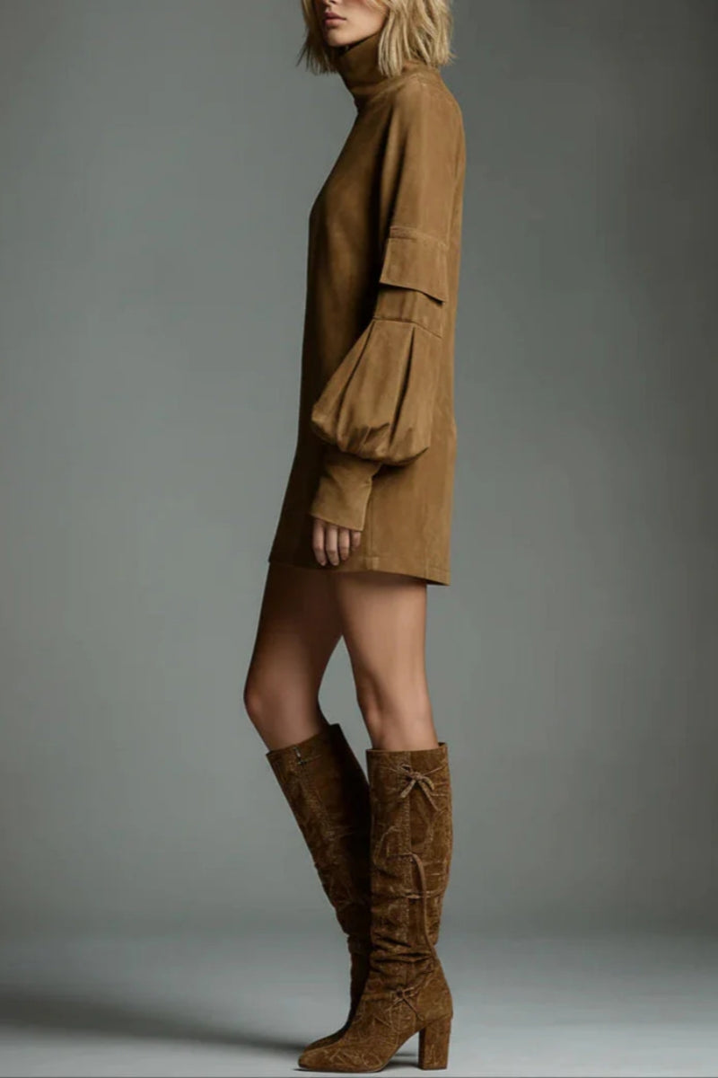 Vintage Loose Suede Turtleneck Mini Dress