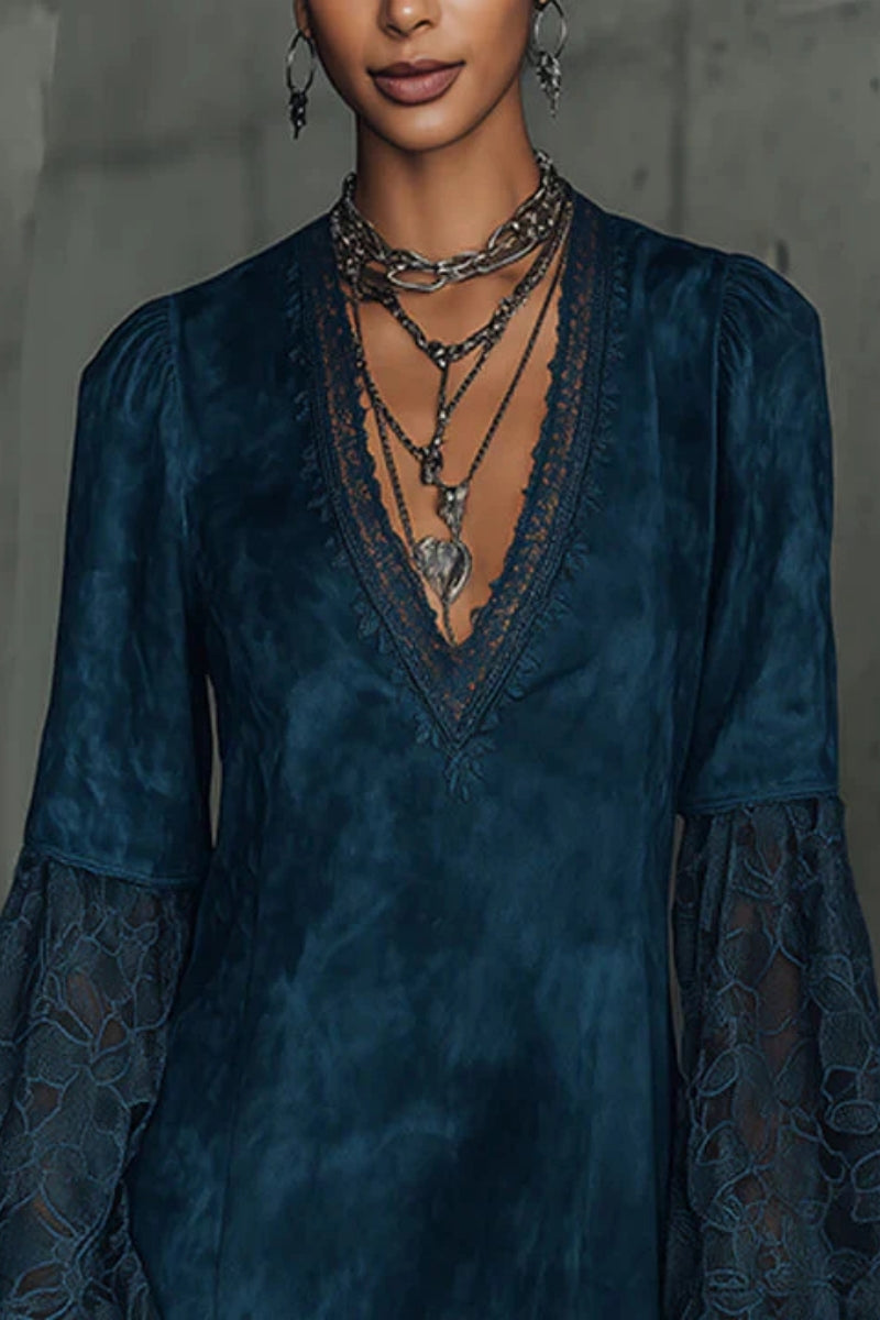 Faux Suede Flared Sleeve Lace Mini Dress