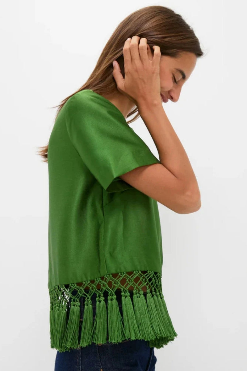 Green Satin Fringe Top