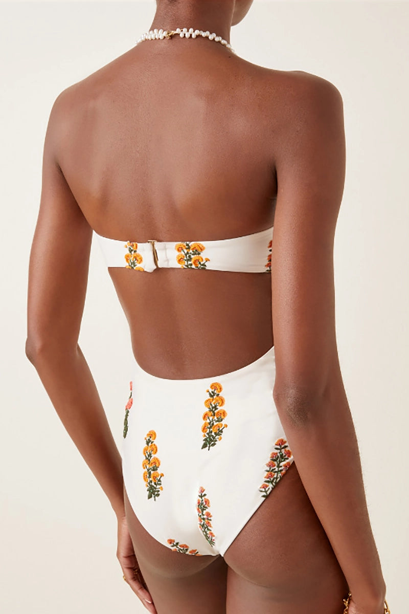 Strapless Floral Embellished One-Piece Swimsuit