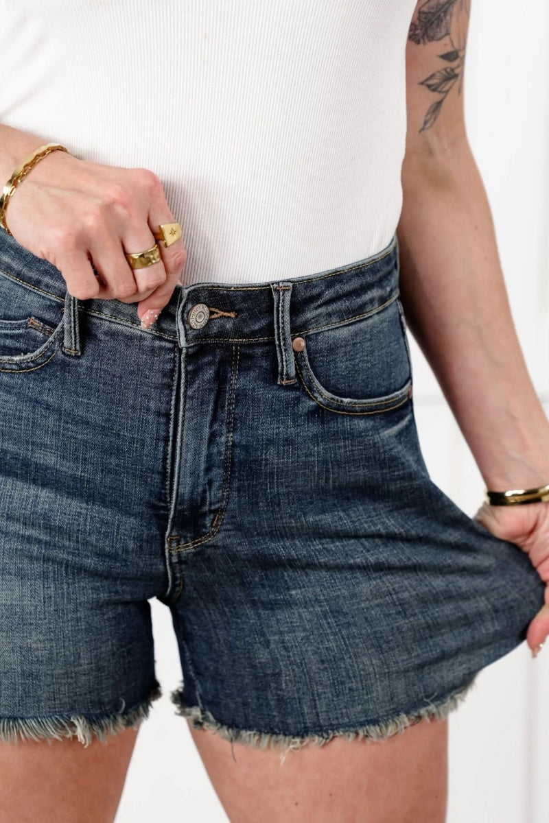 Tummy Frayed Control Denim Shorts