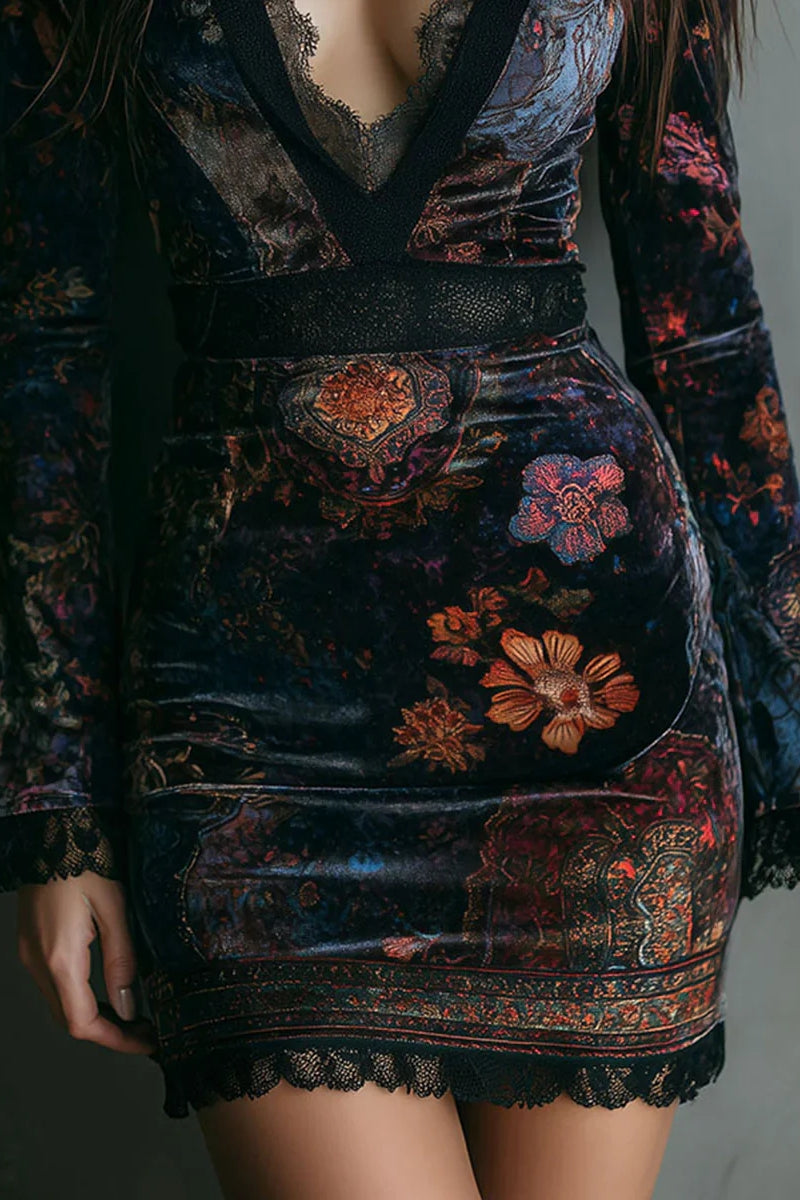 Floral Print V-neck Velvet Lace Trim Slim-fit Mini Dress
