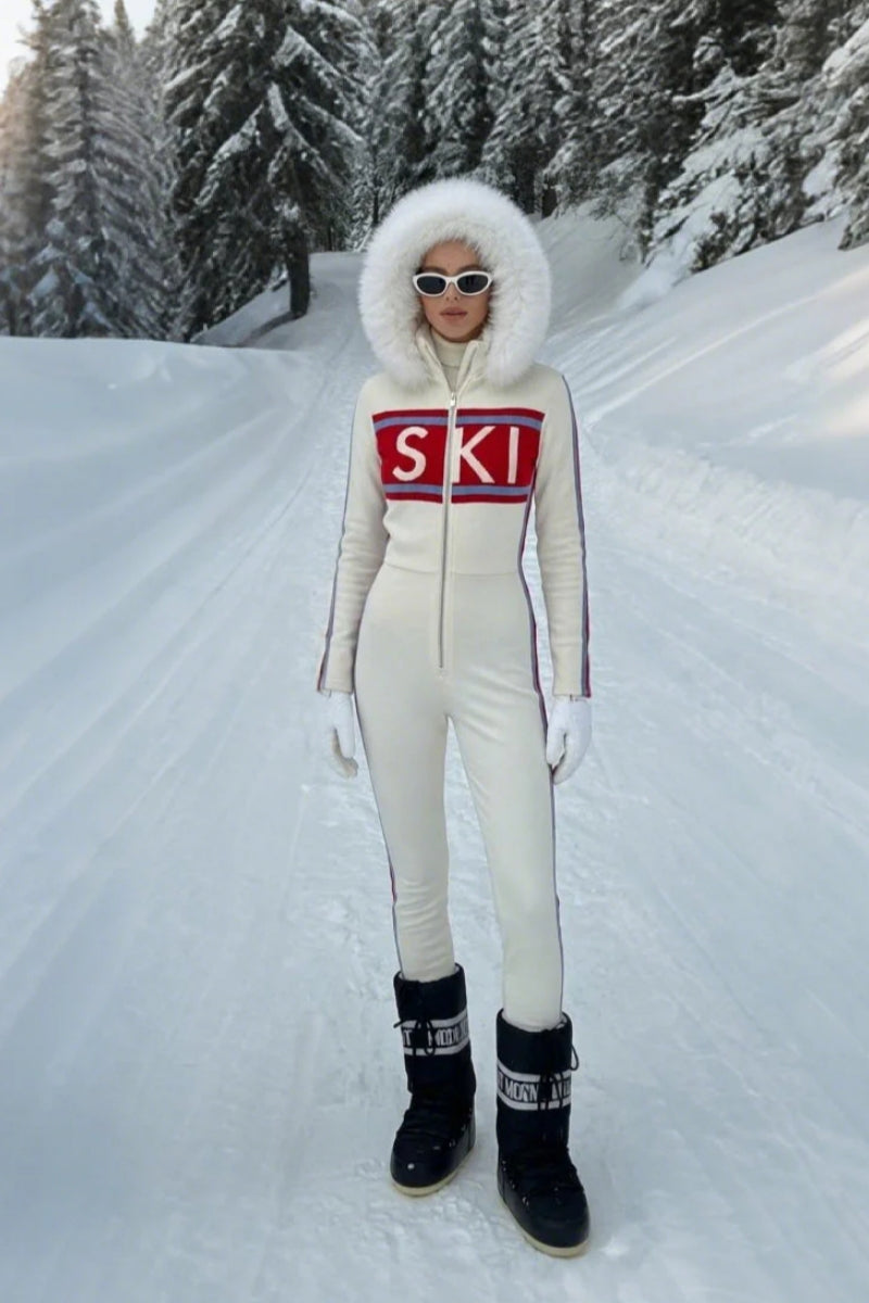 Cream Faux Fur Hood "SKI" Graphic Jumpsuit
