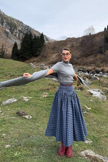 Navy Plaid High-Waist A-Line Skirt