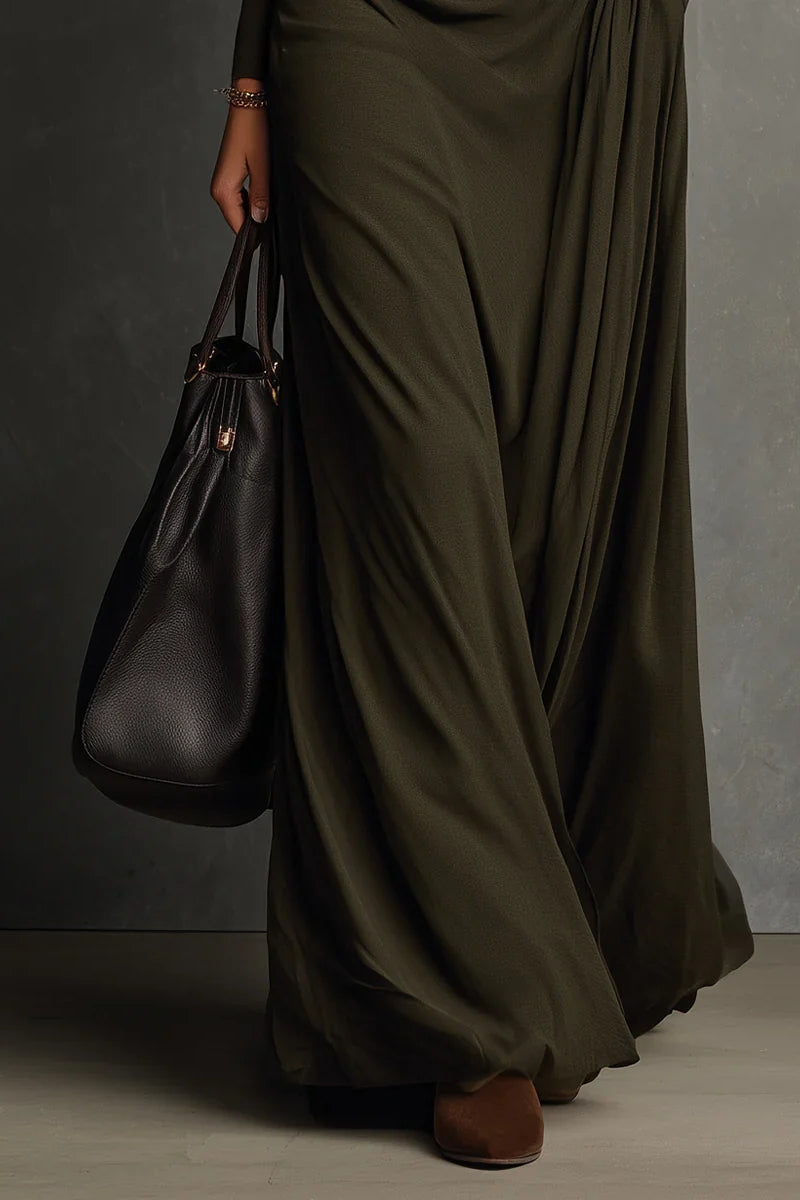 Olive Green Turtleneck Pleated Maxi Dress