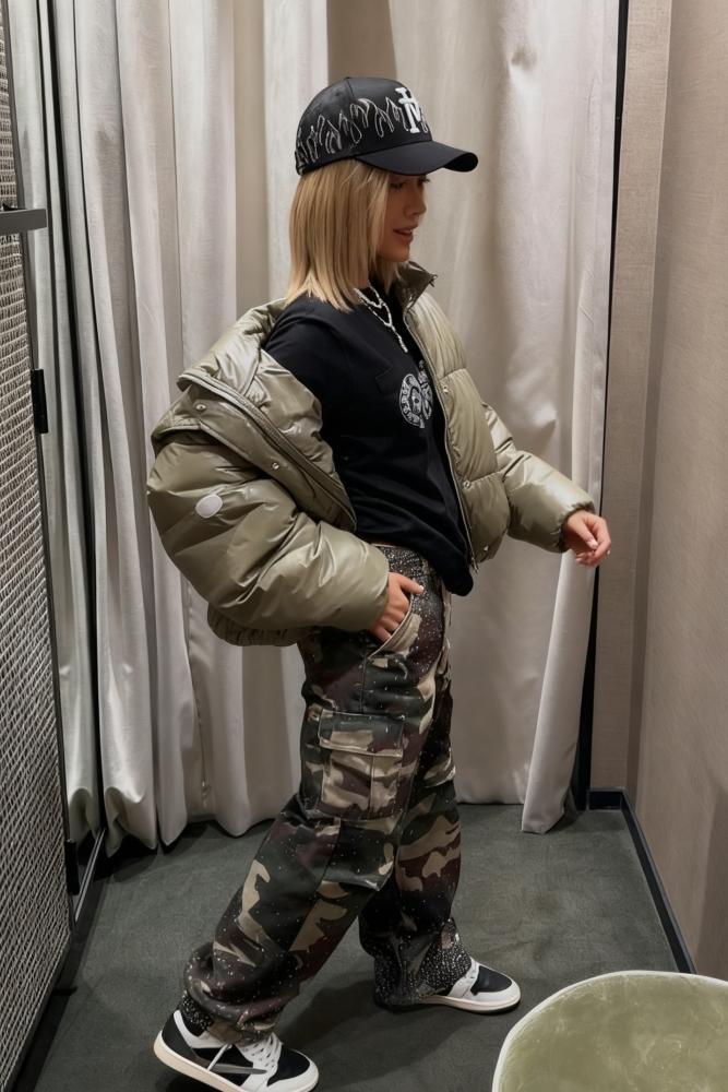 Camo Rhinestone Drawstring Cargo Pants