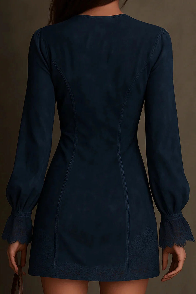 Vintage Blue Suede Lace Trim Mini Dress