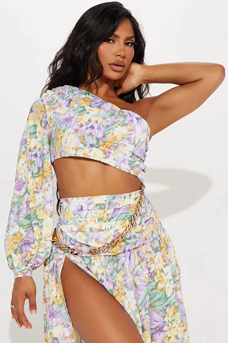 One Shoulder Cutout Floral Swimsuit Set