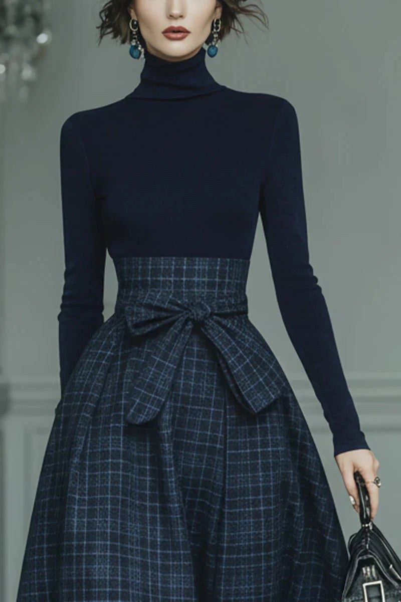 Dark blue turtleneck stretch top and plaid skirt set