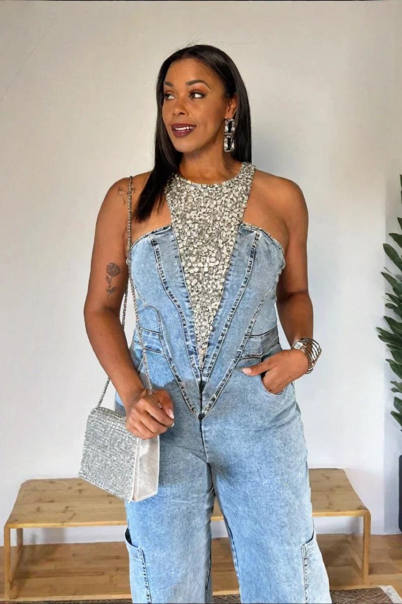 Bedazzled Blue Denim Jumpsuit