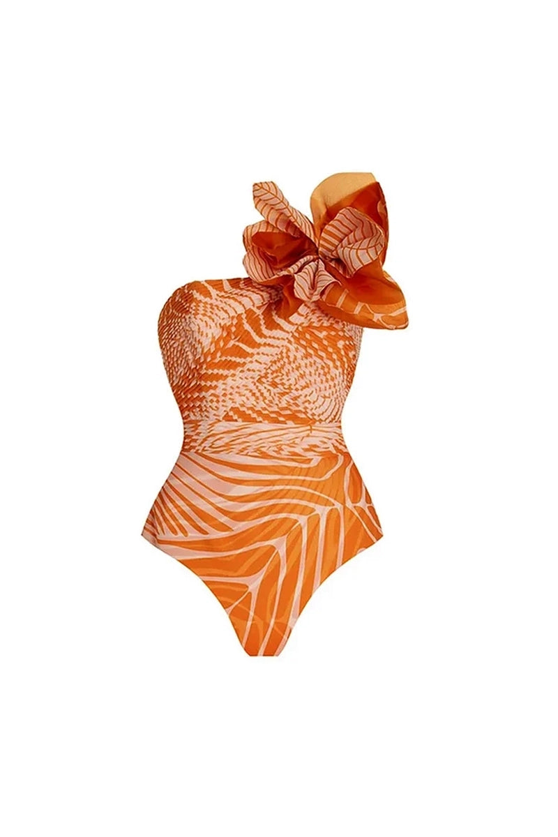 One-Shoulder Floral Salmon Print Swimsuit