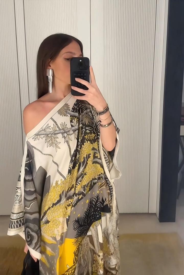 One-Shoulder Shawl Wrap Vintage Print Maxi Dress
