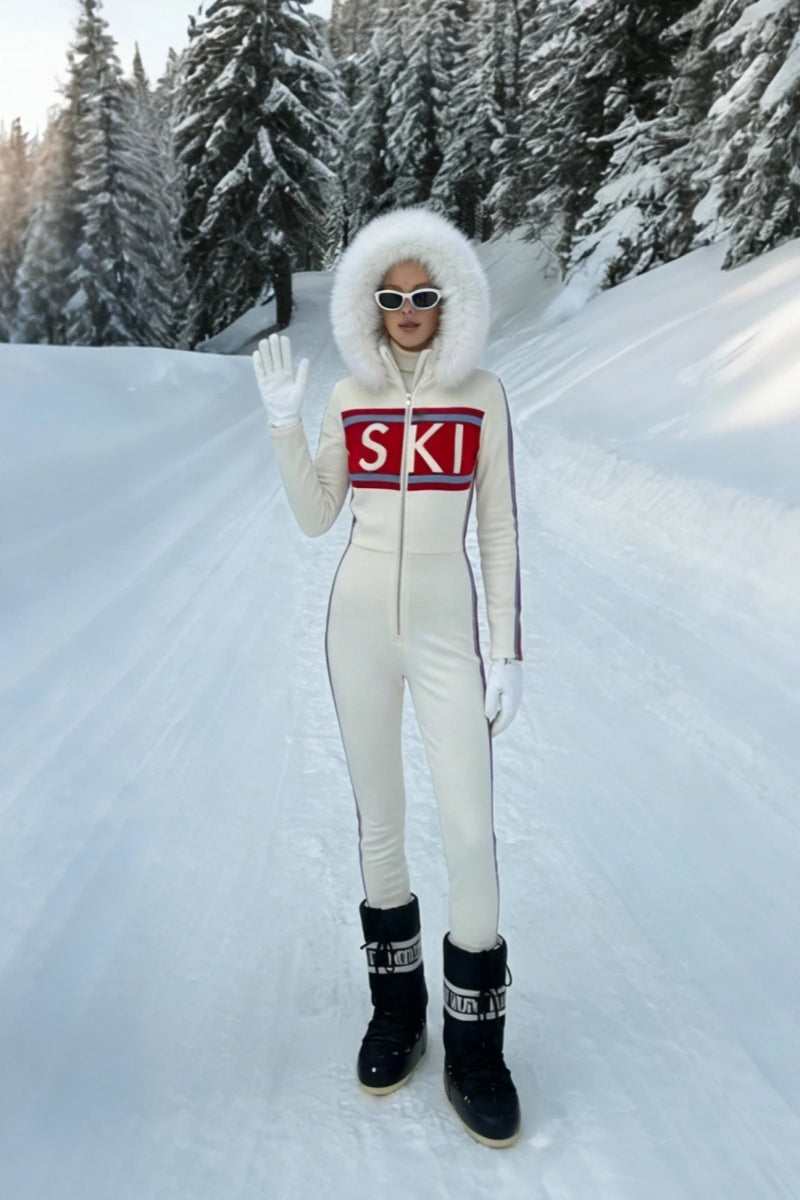 Cream Faux Fur Hood "SKI" Graphic Jumpsuit