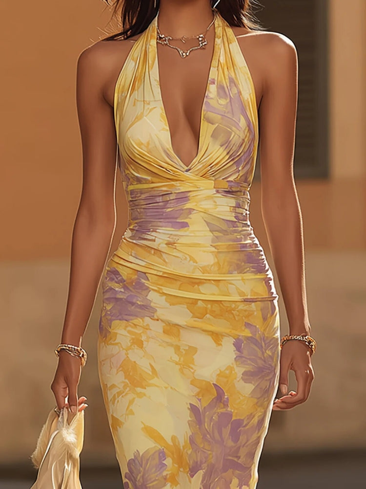 Elegant Printed Halter Backless Dress