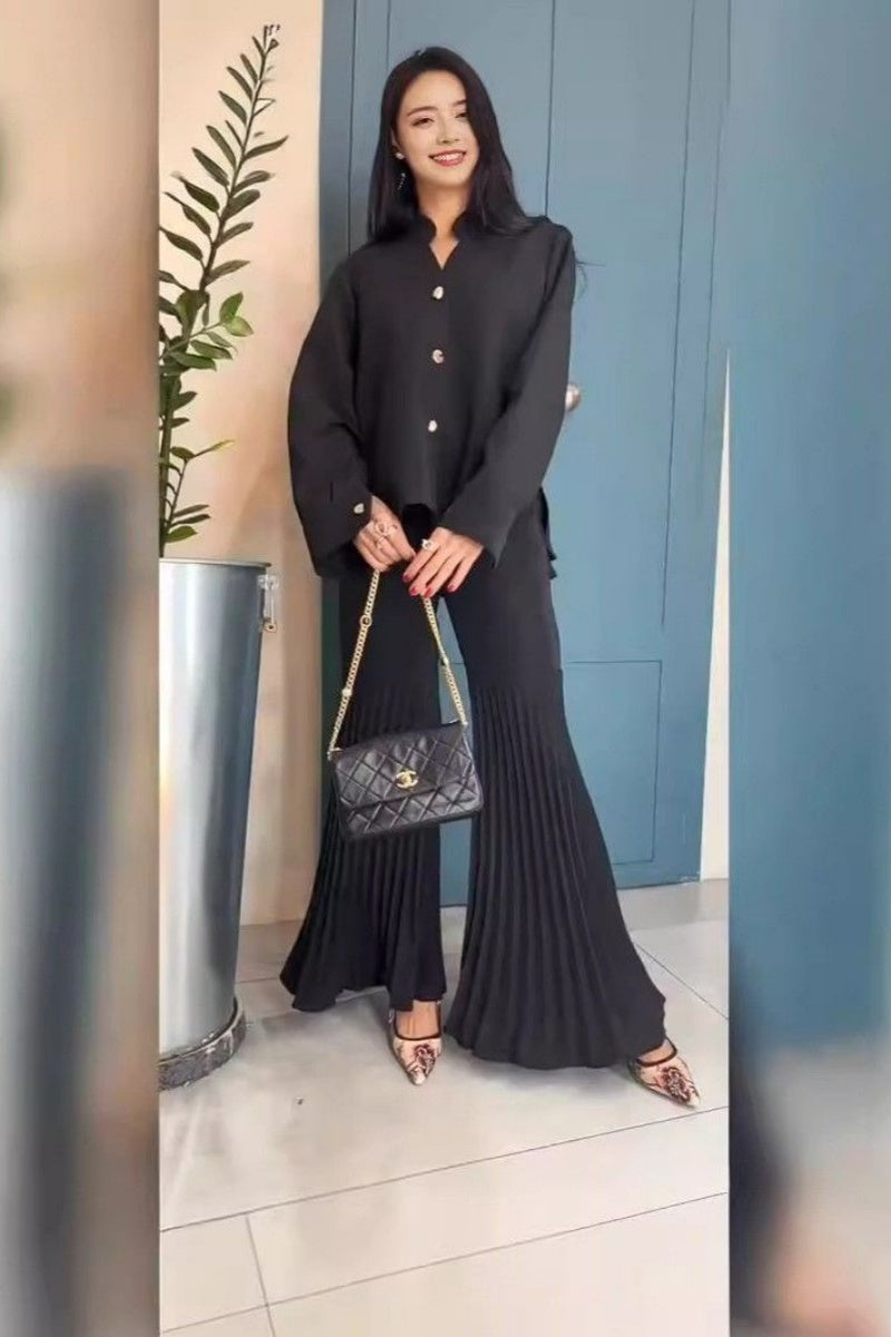 Pleated Shirt Flare Pants Set