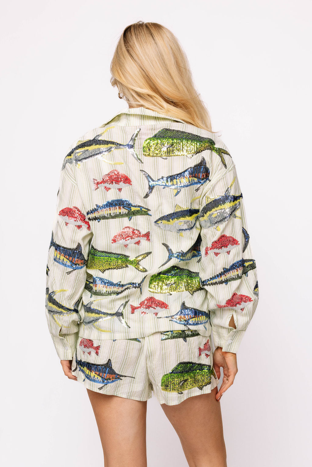 Green Stripe Multi Fish Shorts Set