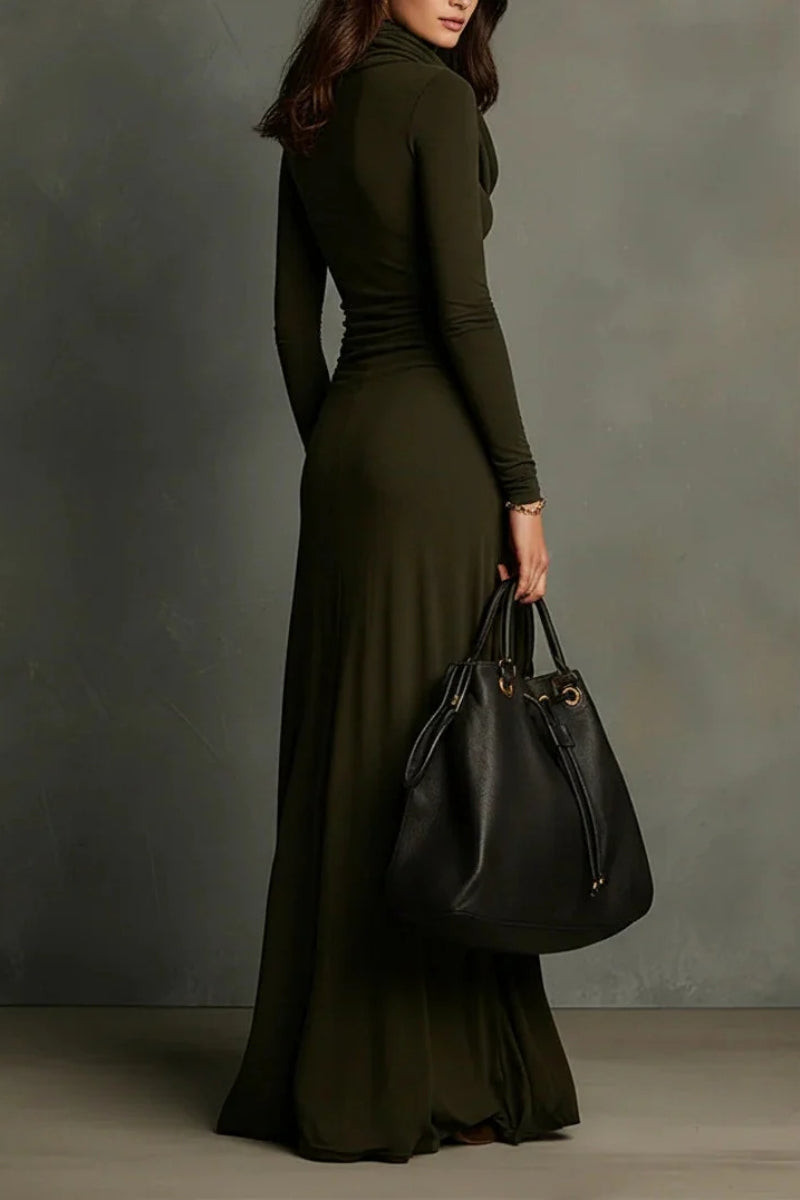 Olive Green Turtleneck Pleated Maxi Dress