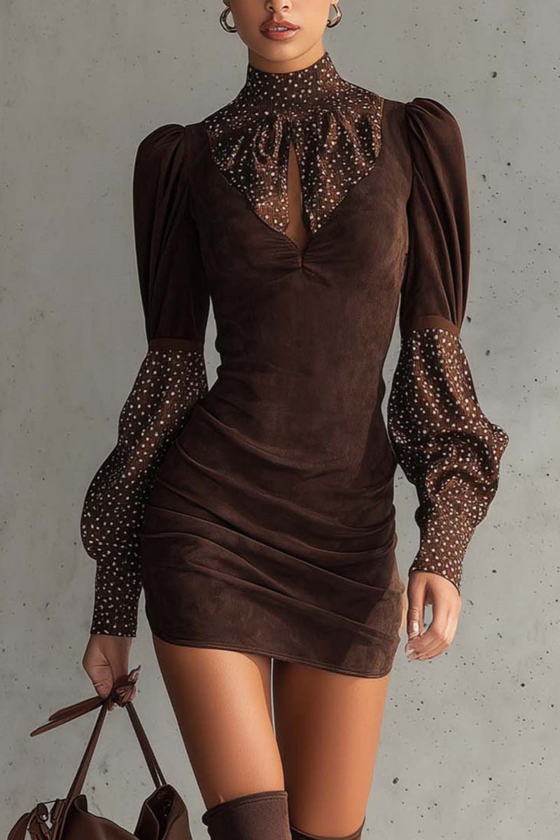 Brown Faux Suede Bodycon Dress With Satin Polka Dots