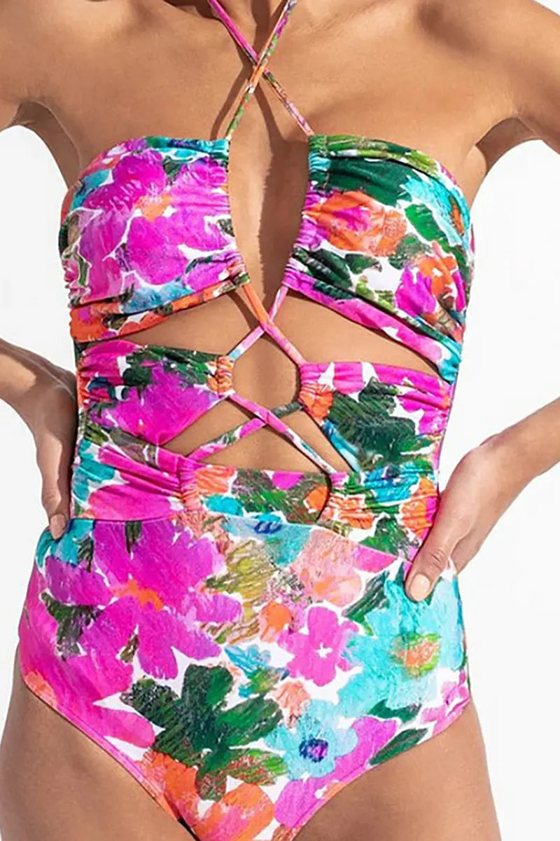 Print Cutout One Piece Swimsuit Set