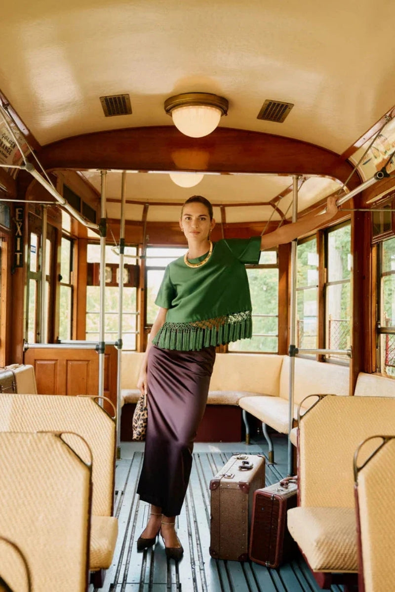 Green Satin Fringe Top