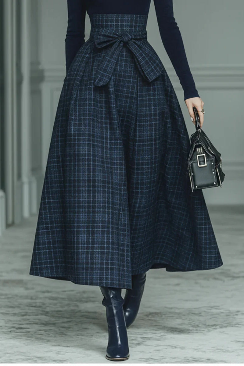 Dark blue turtleneck stretch top and plaid skirt set