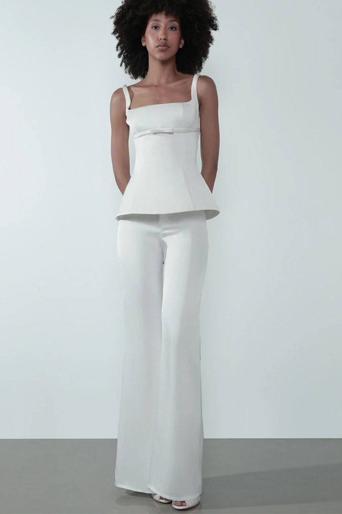 Beyaz Peplum Geniş Paça Pantolon Takımı