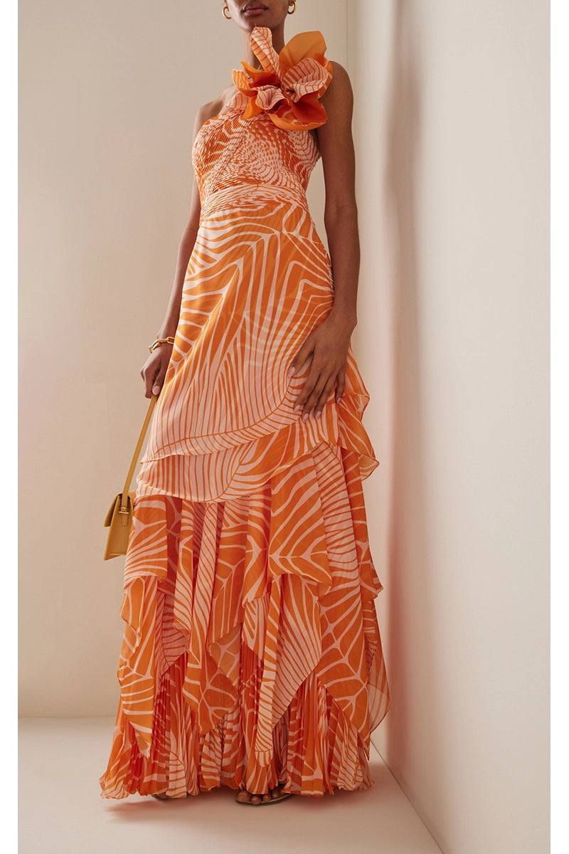 One-Shoulder Floral Salmon Print Swimsuit