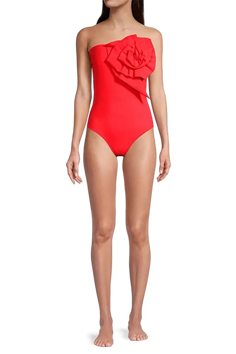 Strapless Floral Accent One-Piece Swimsuit Set
