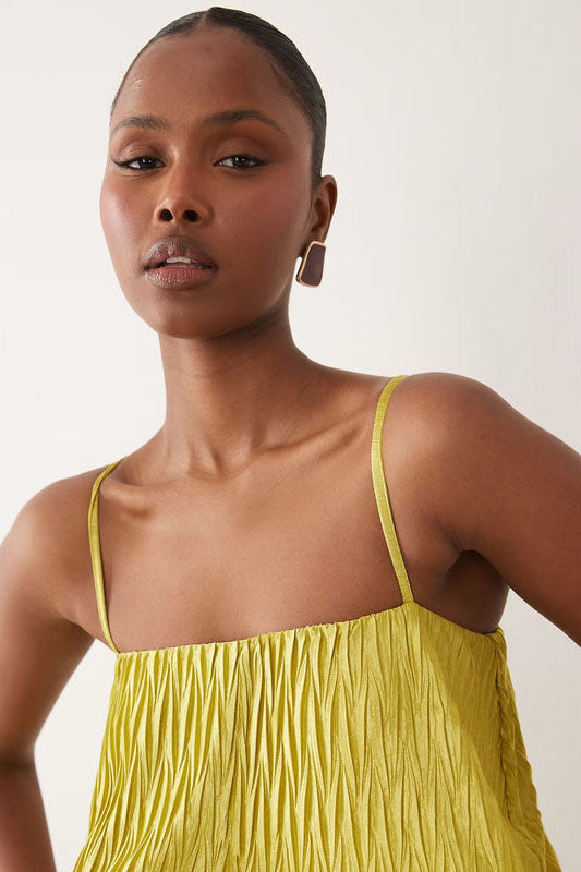 فستان ماكسي متدرج بطبقات وزخرفة متعرجة بلون الليمون