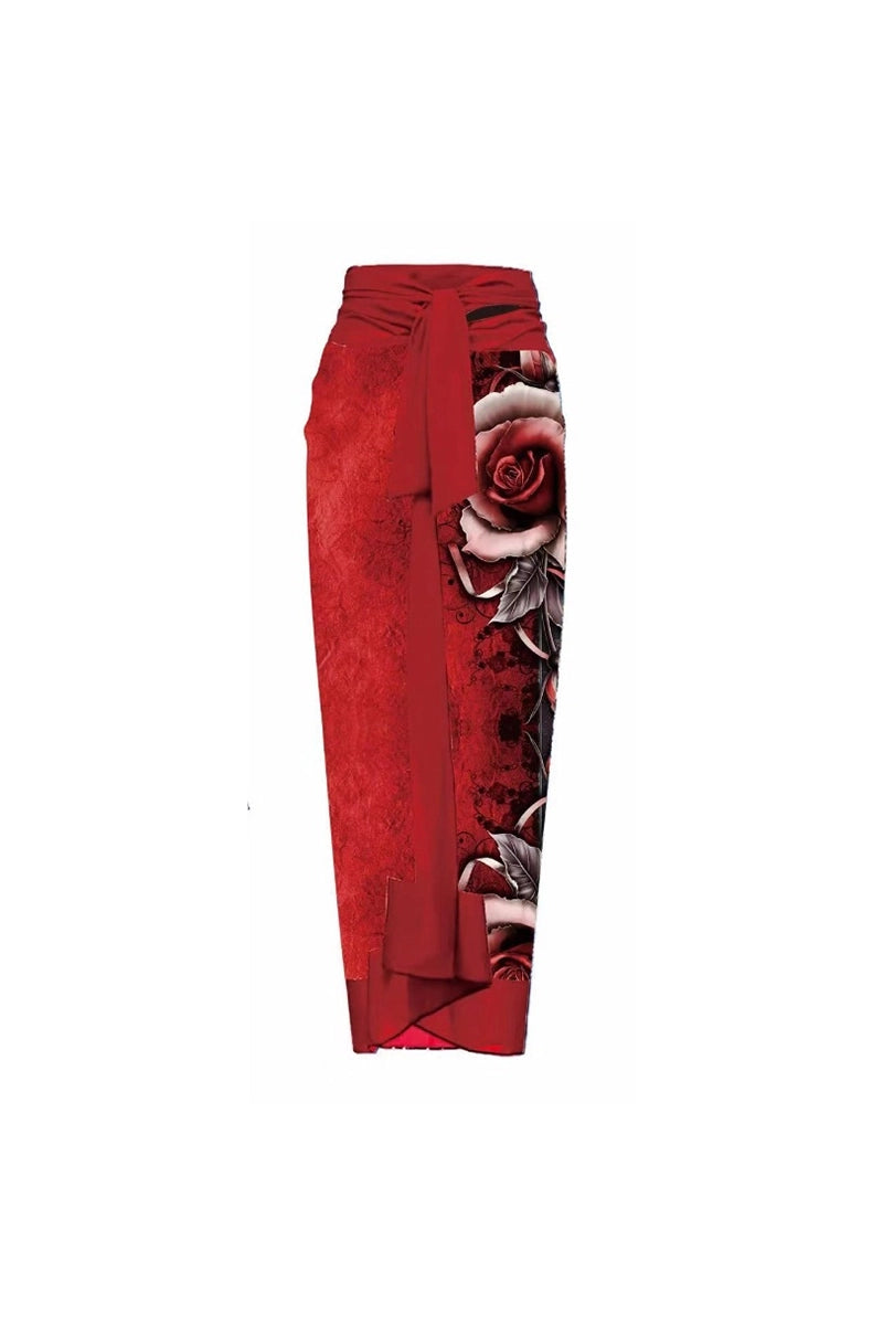 3D Red Floral Print One-Piece Swimsuit Set